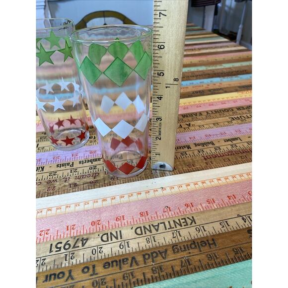 2 Vintage Red Green White Diamond Star Atomic Pattern MCM Tumbler Drinking Glass - Picture 6 of 8